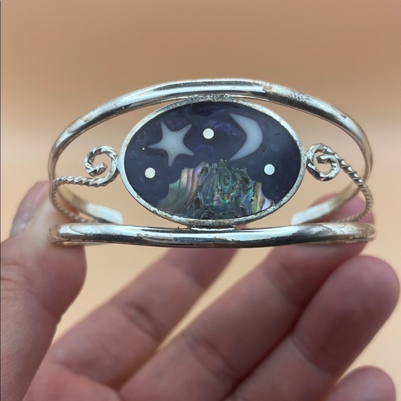 Silver Mexico Abalone Mother of Pearl Inlay Celestial Cuff Bracelet M11 - Picture 1 of 11